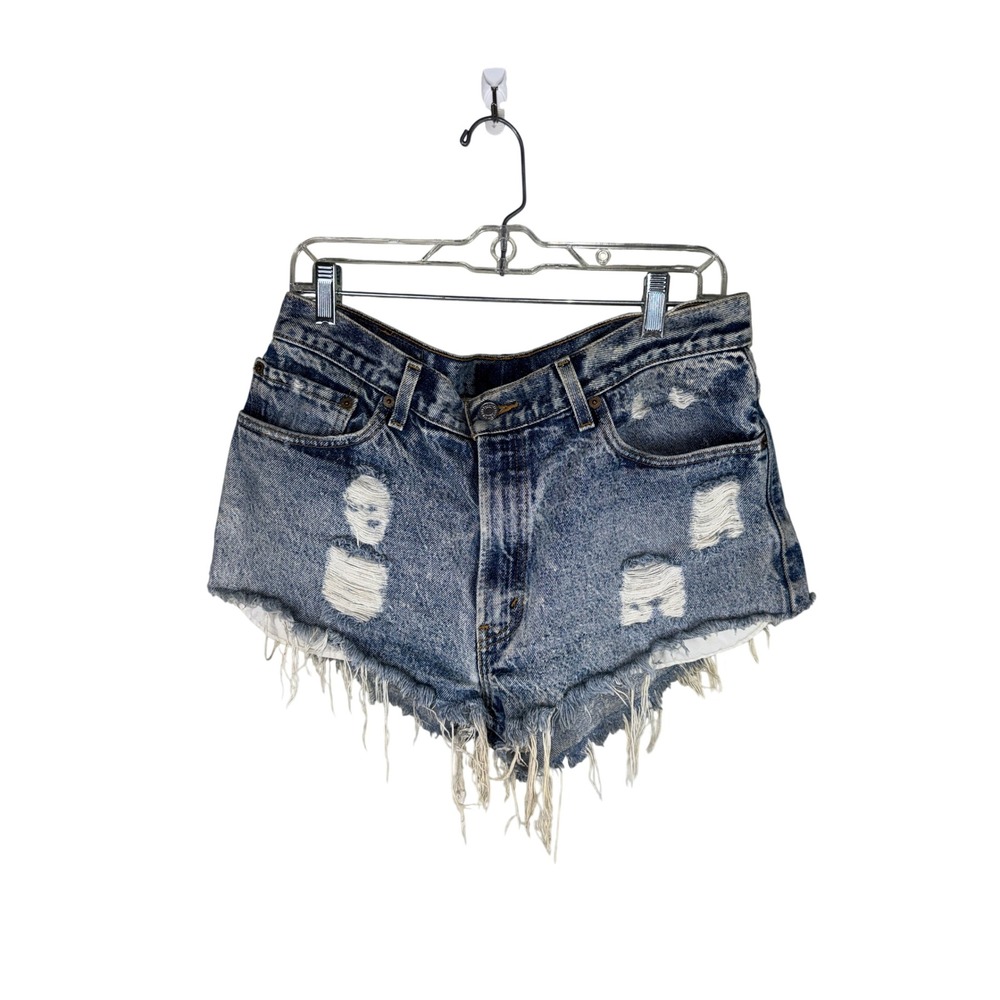 Levis 505 Distressed Denim Cut Off Shorts Medium Wash Frayed Hem W36 Mens Womens